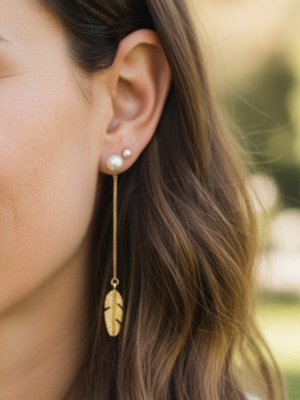 Boho Pearl Feather Dangle Gold Indie Earrings - Picture 6 of 6